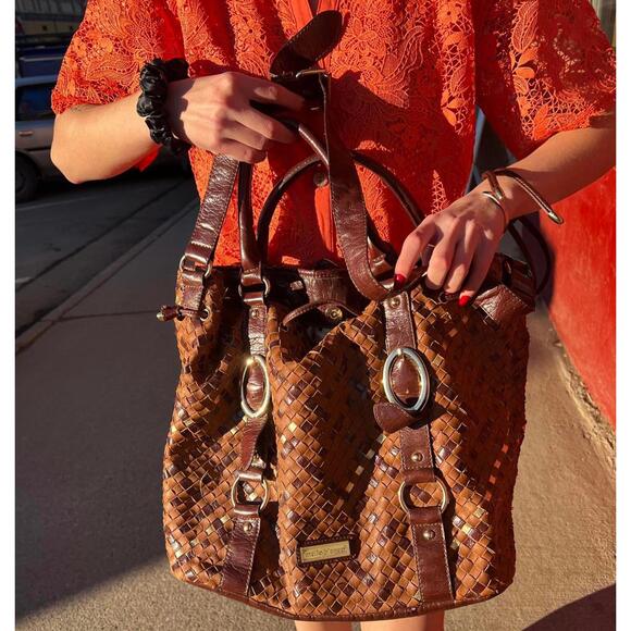 Melie Bianco Y2K Woven Leather Tote Bucket Bag 2000s - Picture 5 of 7